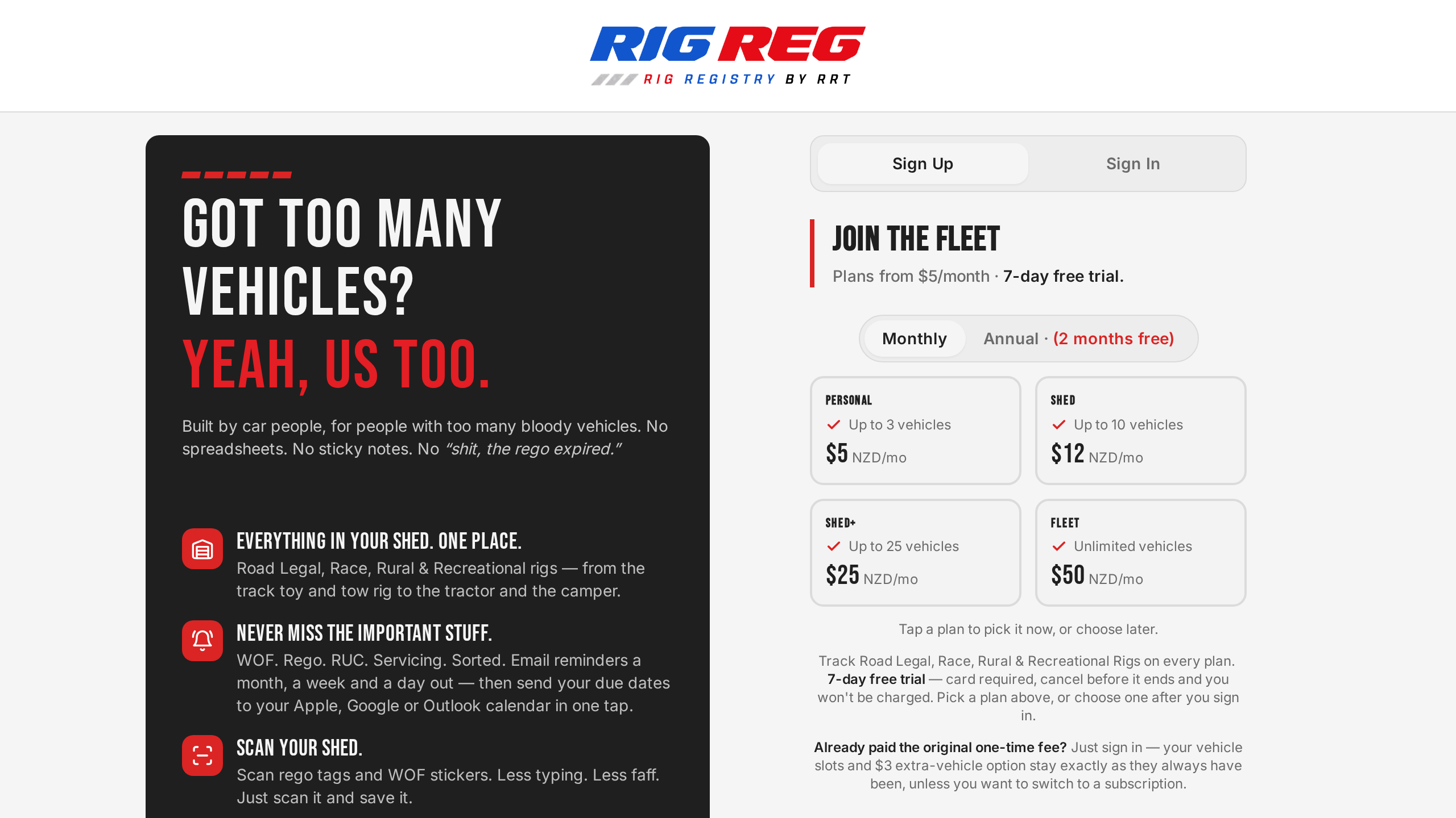 Rig Registry landing page — Got too many vehicles? Yeah, us too — pricing plans from $5/month