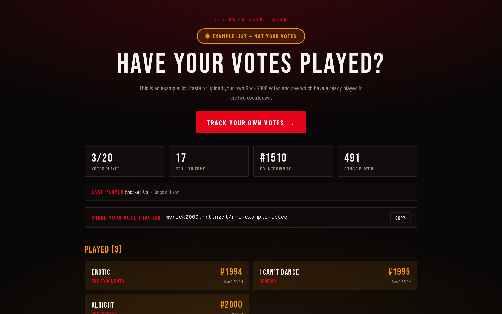 Rock 2000 Vote Tracker live leaderboard of ranked rock songs